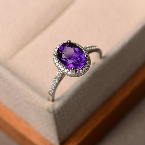 NEW Purple Amethyst Diamond Halo Oval Cut Ring - Picture 3 of 4